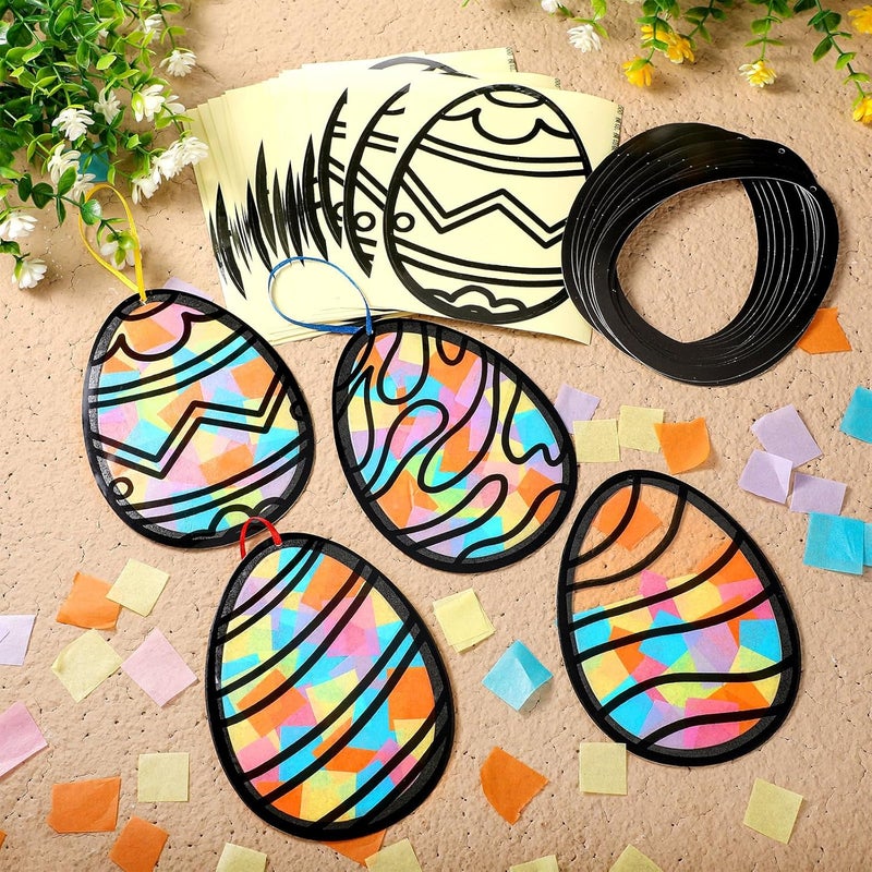 Eersida 32 Pcs Easter Eggs Ornament Suncatchers Craft Set Spring DIY Eggs Shaped Stained Glass Tissue Paper Kits Bulk for Window Art Activities Party Decorations Gift - Image 2